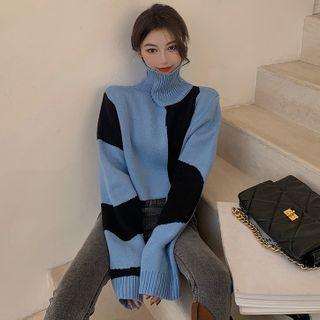 Turtleneck Paneled Knit Top Blue & Black - One Size