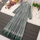Long-sleeve Pinstriped Maxi A-line Dress