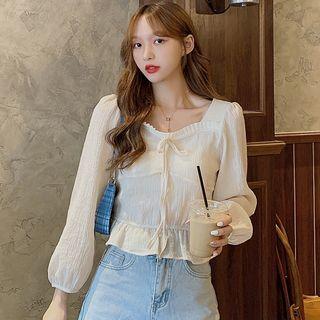 Long-sleeve Tie-front Square-neck Blouse