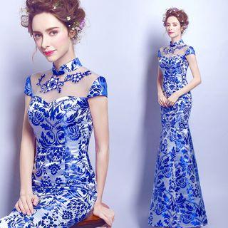 Porcelain Print Cap-sleeve Evening Gown