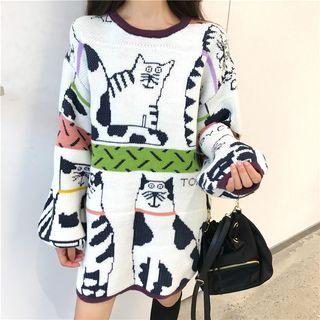 Cat Printed Knit Top White - One Size