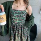 Plain Loose-fit Cardigan / Floral Print Sleeveless Dress