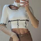 Long-sleeve Mock-neck Cutout Frill Trim Crop Top