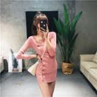 Long-sleeve Button-front Mini Bodycon Knit Dress