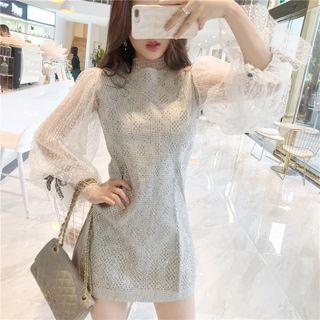 Set: Balloon-sleeve Mesh Blouse + Plaid Jumper Dress