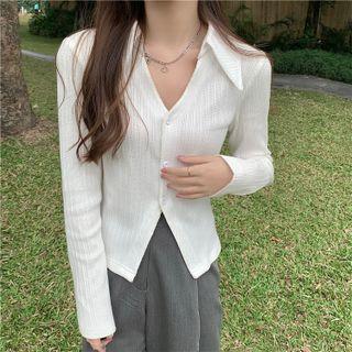 Long-sleeve Open Collar Knit Top White - One Size