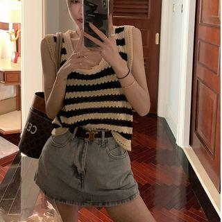 Sleeveless Striped Pointelle Knit Top Stripes - Black & White - One Size
