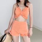 Set: Ruffle Tankini Top + Drawstring Swim Shorts + Long-sleeve Lettering T-shirt