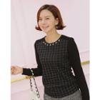 Faux-pearl Beaded Plaid-panel Top