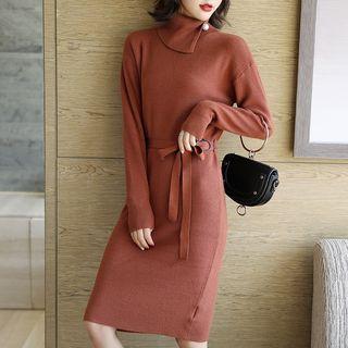 Tie-waist Long-sleeve Knit Dress