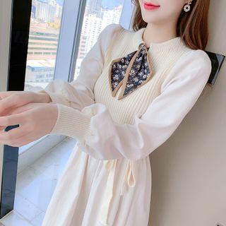 Long-sleeve Tie-neck Knit Panel Midi A-line Dress
