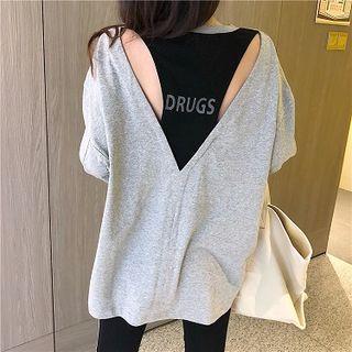 Mock Two-piece Long-sleeve Lettering T-shirt / Contrast-trim Leggings