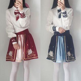 Long-sleeve Stand Collar Top / A-line Mini Skirt / Set