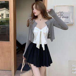 Ribbon Cropped Camisole Top / Light Cardigan / Pleated Mini Skirt
