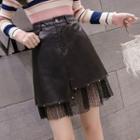 Mesh Hem Faux Leather Mini A-line Skirt