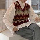 Color Block Vest / Long-sleeve Ruffled Plain Blouse