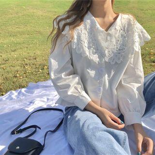 Long-sleeve Peter Pan Collar Crochet Blouse White - One Size