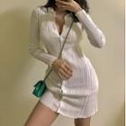 Buttoned Mini Sheath Knit Dress White - One Size