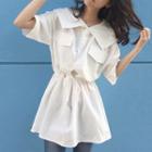 Short-sleeve Drawstring Waist Hooded Dress