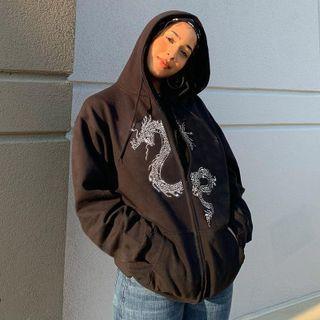Long Sleeve Dragon Print Loose-fit Hoodie
