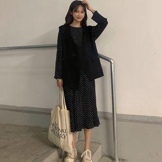 Dotted Long-sleeve Midi Dress / Vest