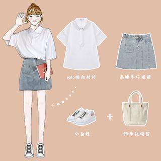Polo Collar Short-sleeved Top / High Waist Light Blue Denim Skirt