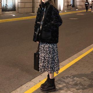 Fluffy Buckled Jacket / Puff-sleeve Floral Print Midi A-line Dress