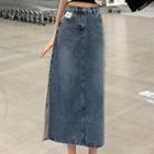 High Waist Distressed Denim Midi Skirt
