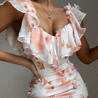 Off-shoulder Floral Printed Sheath Dress