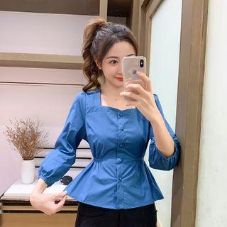 Lantern-sleeve Square Neck Tie Back Plain Blouse