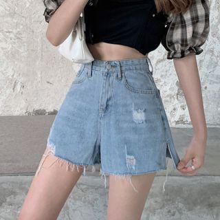 Distressed Slit Denim Hot Pants