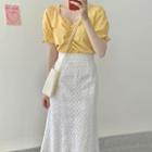Short-sleeve Shirred Blouse / Embroidered A-line Midi Skirt