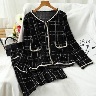 Set: Plaid Cardigan + Mini Skirt Cardigan & Skirt - Black - One Size