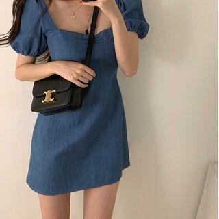 Puff-sleeve Bow Back Denim Mini A-line Dress