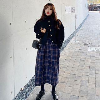 Button Jacket / Midi Plaid A-line Skirt