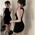 Sleeveless Plain Open-back Slim-fit Mini Dress Black - One Size