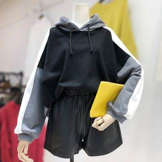 Color Block Hoodie / Faux Leather Shorts / Set