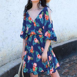 3/4-sleeve Cold Shoulder Floral Dress