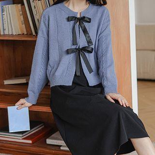 Set: Bow Cardigan + Spaghetti Strap Midi A-line Dress