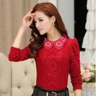 Long-sleeve Embellished-collar Lace Top