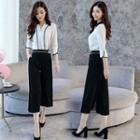 3/4-sleeve Contrast Trim Blouse / Crop Wide Leg Pants / Slim-fit Pants / Set