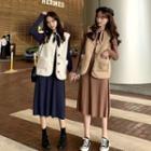Furry Buttoned Vest / Tie-neck Long-sleeve Midi A-line Dress