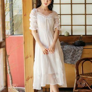 Shirred-sleeve Floral Embroidered Midi Chiffon Dress