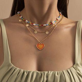 Set Of 3:stainless Heart Beads Layered Pendant Necklace Gold - One Size