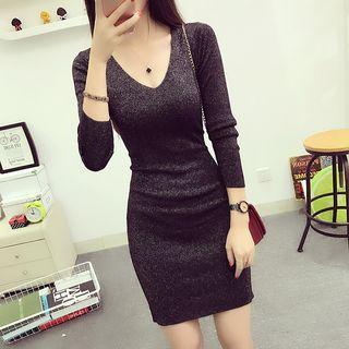 Long-sleeve V-neck Glitter Knit Dress
