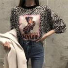 Buttoned Coat / Elbow-sleeve Leopard Print T-shirt