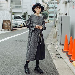 Drawstring Plaid Long-sleeve Dress