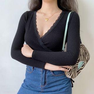 Lace Trim Deep V-neck Long-sleeve Cardigan