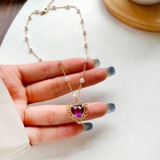 Heart Pendant Faux Pearl Necklace 1 Piece - Gold & Pink - One Size