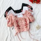 Square-neck Embroidered Lace-up Puff-sleeve Top